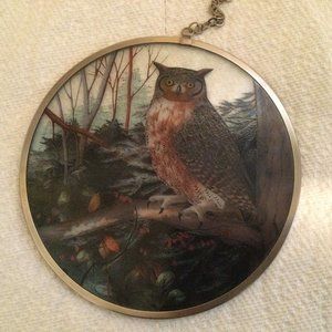 glass Owl hanging suncatcher round 16cm diameter